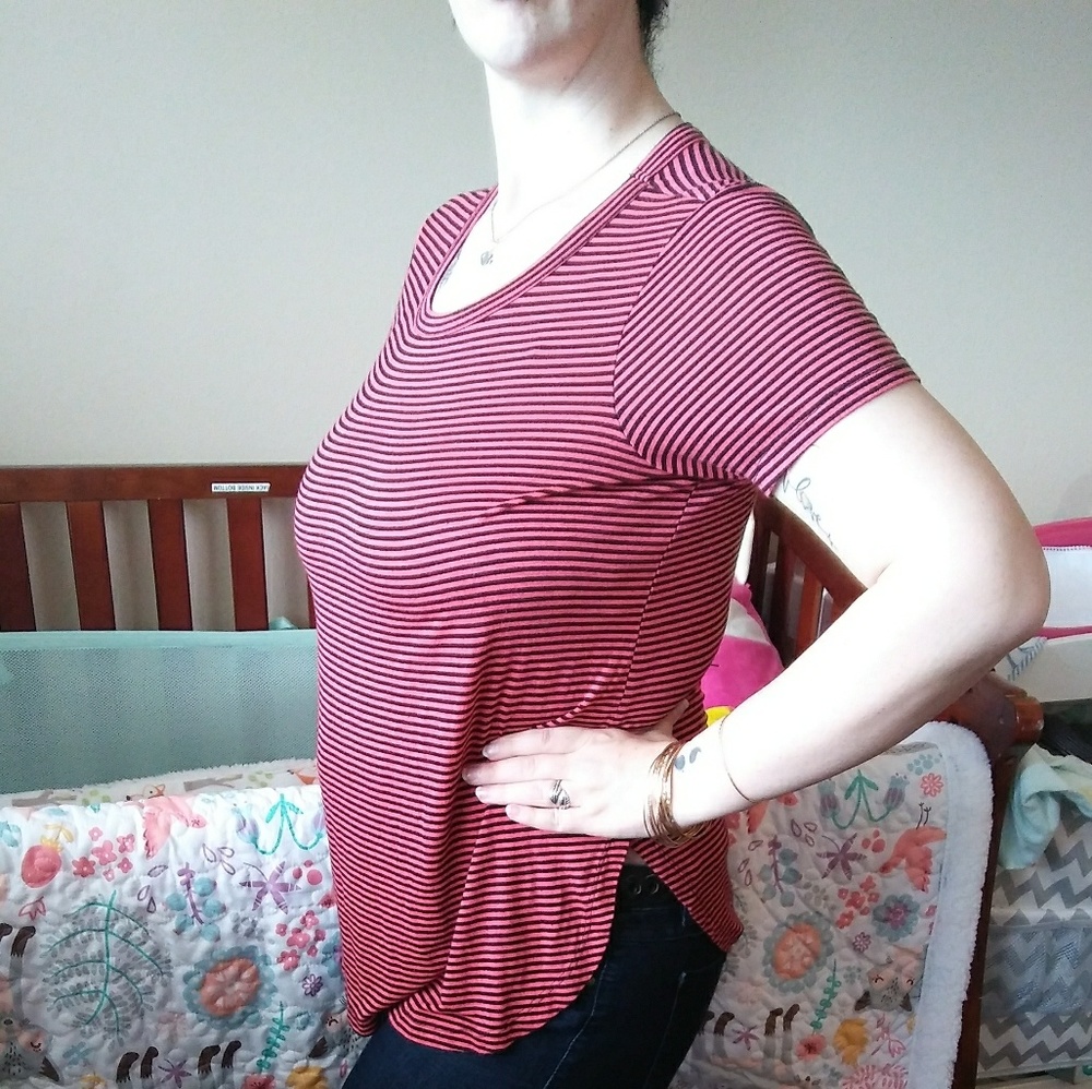 Red striped maternity shirt with front petal